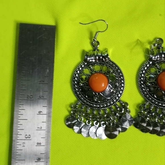 Silvertone orange dangle wire earrings - Picture 3 of 5